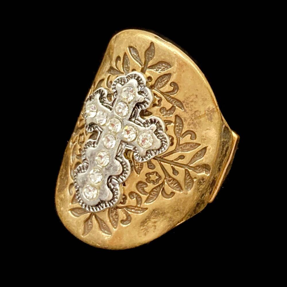Western Cross Filigree Rhinestone Stretch Ring | Adjustable Gold Tone Band
